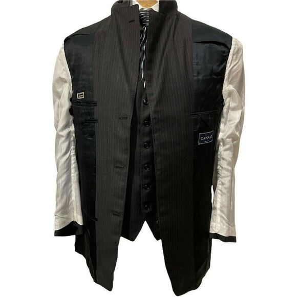 CANALI Men's Two Piece Sports Coat Vest Charcoal Gray Orange Striped Size 44 L - Picture 8 of 11